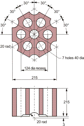 Typical design for the heat storing chequerwork for hot blast stoves (millimeter measurements).
