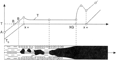 Regions of heat transfer in forced convective bailing (vertical tube shown horizontally for diagramatic purposes).