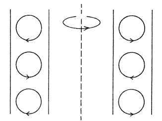 Taylor vortices between two rotating cylinders.
