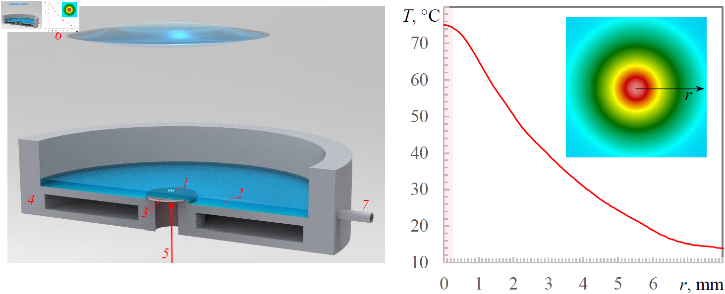 (a) Schematic of the experimental setup: 1, the droplet cluster; 2, the layer of water with a surfactant and salt; 3, the substrate; 4, cuvette; 5, the laser beam; 6, microscope and thermal imager; and 7, water feeder; and (b) typical temperature profile at the water surface. The pink stripe marks the cluster localization.